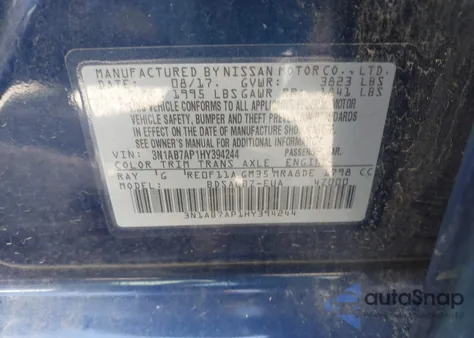 2017 Nissan Sentra S from USA, damaged, VIN 3N1AB7AP1HY394244